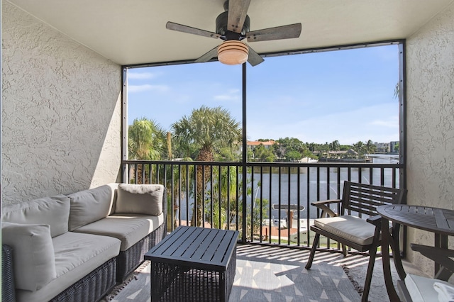 22 Royal Palm Way Unit 205, Boca Raton, FL 33432 - balcony featuring a water view, a ceiling fan, and an outdoor hangout area