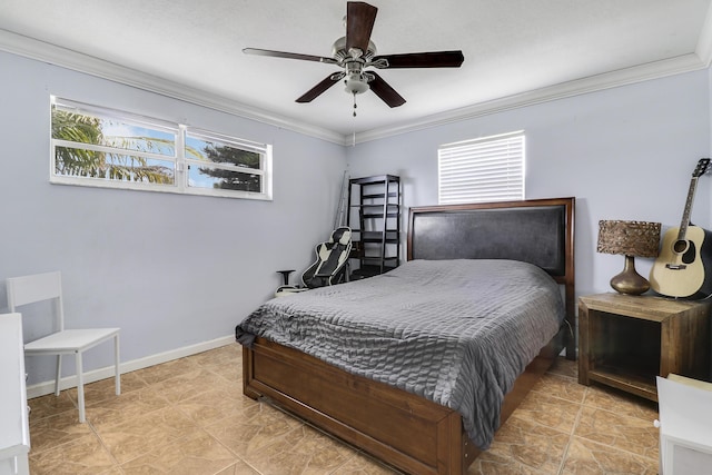 9277 Bloomfield Dr, Palm Beach Gardens, FL 33410 - bedroom featuring multiple windows, ornamental molding, and a ceiling fan