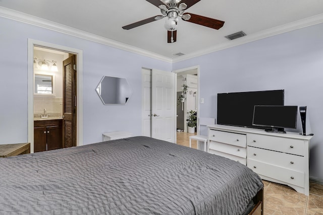 9277 Bloomfield Dr, Palm Beach Gardens, FL 33410 - bedroom featuring ornamental molding, ensuite bath, and ceiling fan