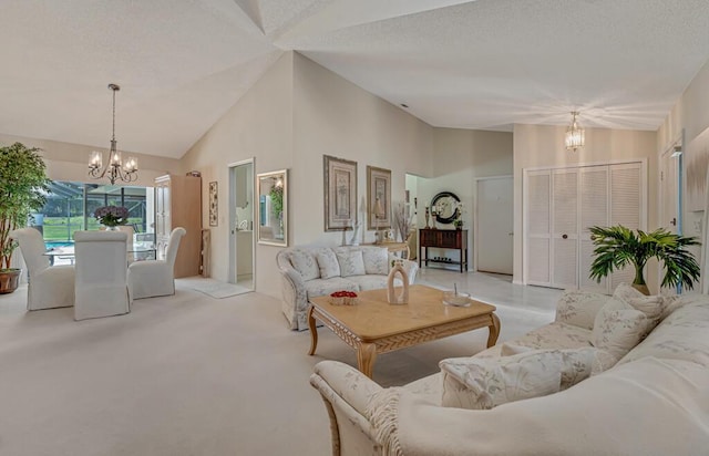 1500 Chapparel Way, Wellington, FL 33414 - living area with a chandelier, light carpet, and high vaulted ceiling
