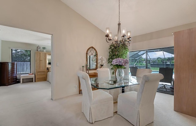 1500 Chapparel Way, Wellington, FL 33414 - dining area with light carpet, healthy amount of natural light, a chandelier, high vaulted ceiling, and a sunroom