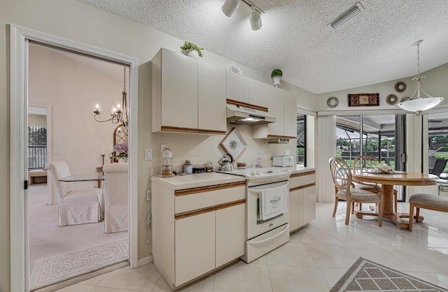 1500 Chapparel Way, Wellington, FL 33414 - kitchen with white electric range oven, under cabinet range hood, a textured ceiling, light countertops, and decorative light fixtures