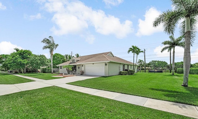 1500 Chapparel Way, Wellington, FL 33414 - ranch-style home featuring an attached garage, driveway, a front lawn, and stucco siding
