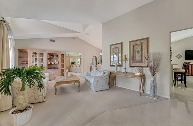 1500 Chapparel Way, Wellington, FL 33414 - living room with light carpet, vaulted ceiling, and light tile patterned floors