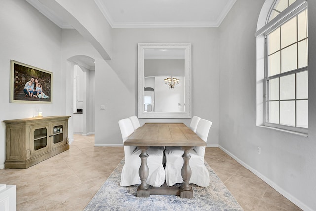 4450 SW Long Bay Dr, Palm City, FL 34990 - dining space with arched walkways, light tile patterned floors, ornamental molding, baseboards, and a chandelier