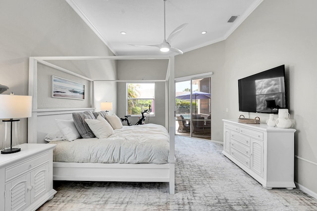 4450 SW Long Bay Dr, Palm City, FL 34990 - bedroom featuring ornamental molding, access to exterior, light colored carpet, and recessed lighting