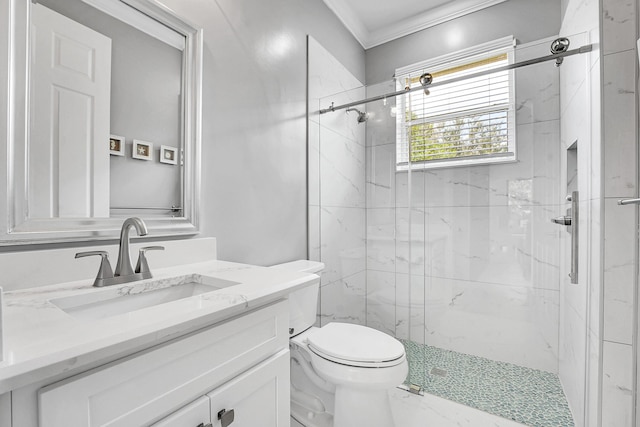 4450 SW Long Bay Dr, Palm City, FL 34990 - bathroom featuring a marble finish shower, toilet, vanity, and ornamental molding