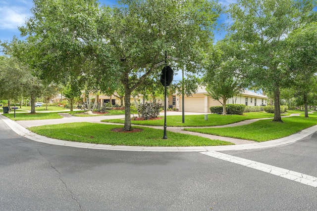 4450 SW Long Bay Dr, Palm City, FL 34990 - view of property hidden behind natural elements with curved driveway, a front lawn, and an attached garage
