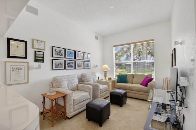 20220 Boca W Dr Unit 1104, Boca Raton, FL 33434 - living area with light carpet, a textured ceiling, and a textured wall