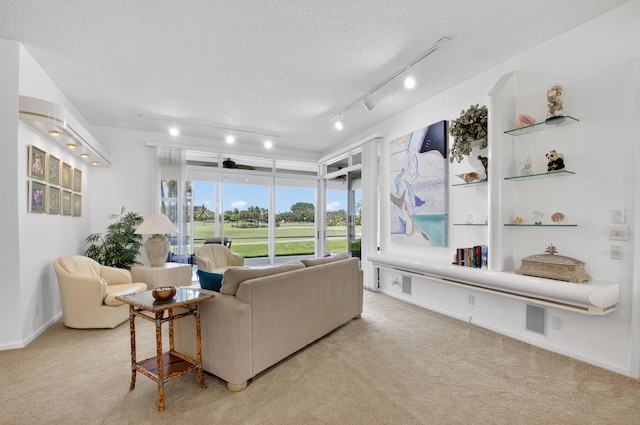 20220 Boca W Dr Unit 1104, Boca Raton, FL 33434 - living room with carpet floors, a textured ceiling, and rail lighting