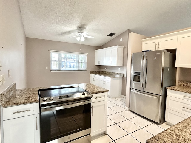 6404 Moonstone Way, Delray Beach, FL 33484 - kitchen with appliances with stainless steel finishes, ceiling fan, white cabinets, light tile patterned flooring, and light stone counters