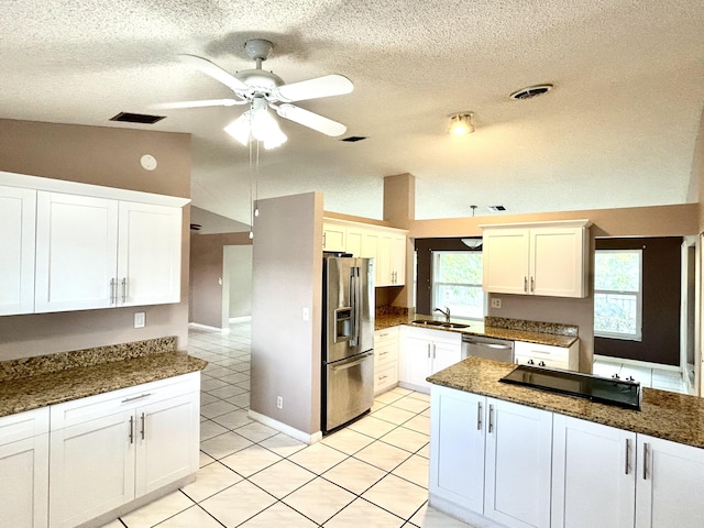 6404 Moonstone Way, Delray Beach, FL 33484 - kitchen with appliances with stainless steel finishes, a textured ceiling, lofted ceiling, ceiling fan, and white cabinets