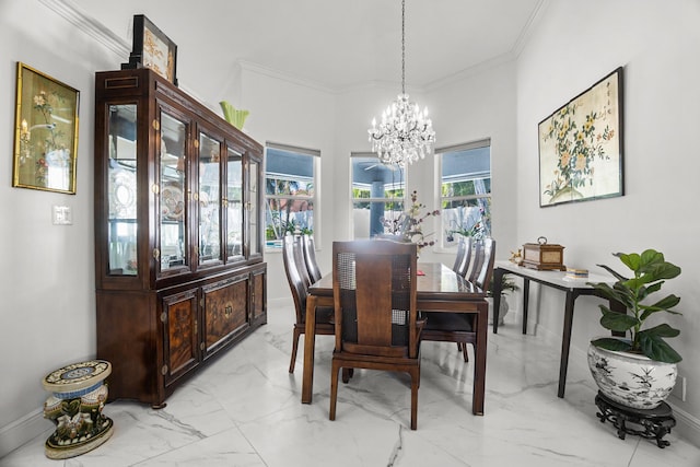 1680 SW 16th St, Boca Raton, FL 33486 - dining area with a chandelier, light marble finish floors, and crown molding