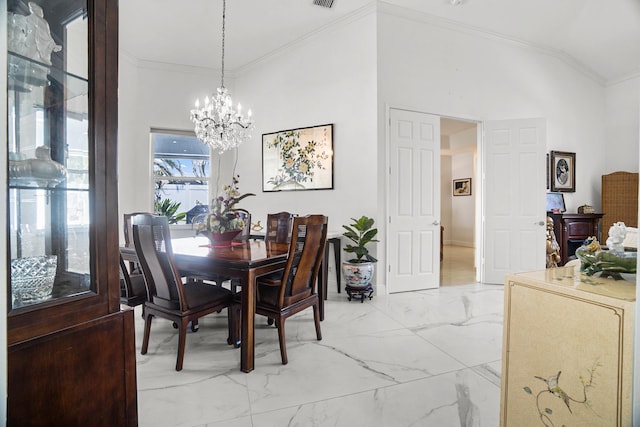 1680 SW 16th St, Boca Raton, FL 33486 - dining space with light marble finish floors, a chandelier, crown molding, and lofted ceiling