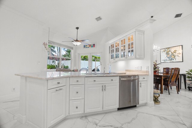 1680 SW 16th St, Boca Raton, FL 33486 - kitchen with dishwasher, light marble finish floors, a ceiling fan, glass insert cabinets, and crown molding