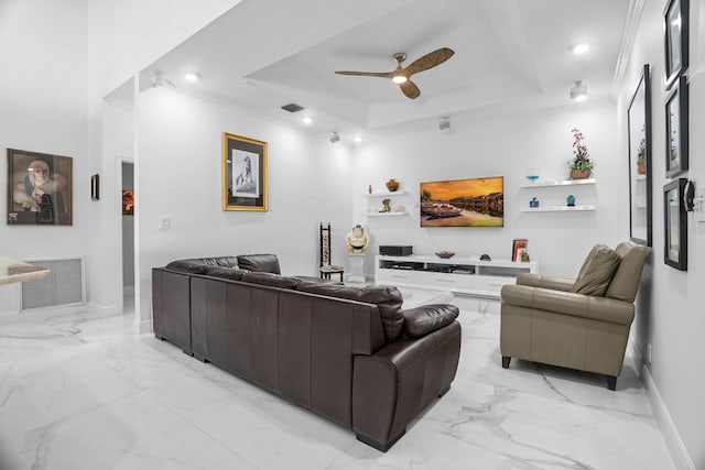 1680 SW 16th St, Boca Raton, FL 33486 - living room featuring light marble finish floors, a ceiling fan, ornamental molding, recessed lighting, and a raised ceiling