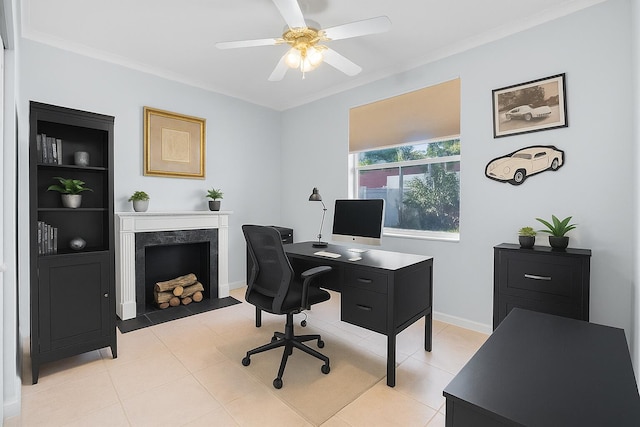 1680 SW 16th St, Boca Raton, FL 33486 - office area featuring a high end fireplace, a ceiling fan, ornamental molding, and light tile patterned flooring