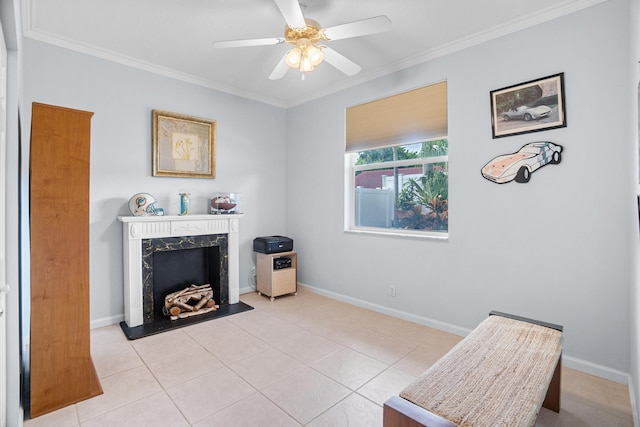 1680 SW 16th St, Boca Raton, FL 33486 - sitting room featuring ornamental molding, a ceiling fan, a fireplace, and tile patterned floors