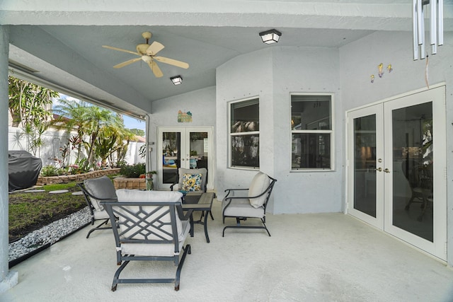 1680 SW 16th St, Boca Raton, FL 33486 - sunroom with french doors, lofted ceiling, a ceiling fan, and outdoor dining area