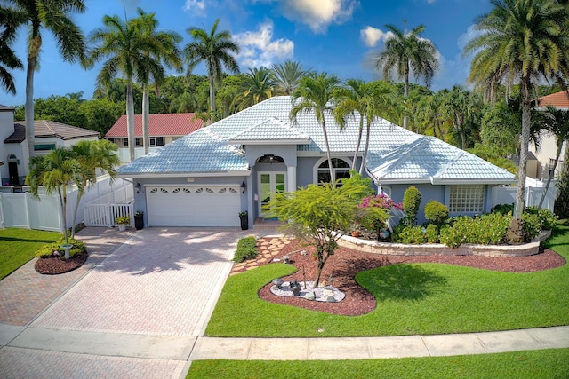 1680 SW 16th St, Boca Raton, FL 33486 - mediterranean / spanish house featuring a garage, stucco siding, decorative driveway, and a tiled roof