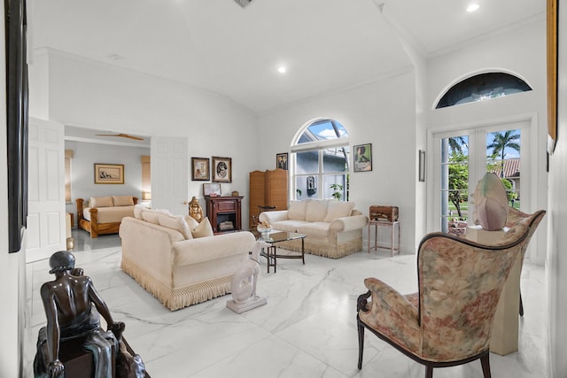 1680 SW 16th St, Boca Raton, FL 33486 - living area with marble tiled floors, ornamental molding, recessed lighting, plenty of natural light, and high vaulted ceiling