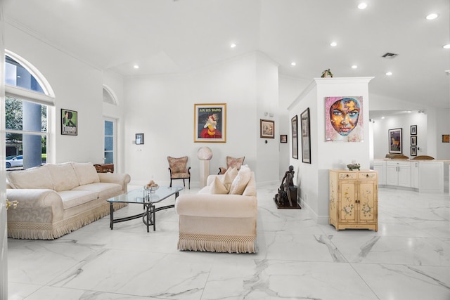 1680 SW 16th St, Boca Raton, FL 33486 - living area featuring crown molding, light marble finish floors, recessed lighting, and high vaulted ceiling