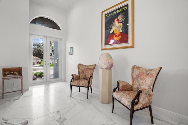 1680 SW 16th St, Boca Raton, FL 33486 - living area featuring marble look tiles, french doors, and ornamental molding