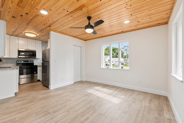 677 NE Alice St, Jensen Beach, FL 34957 - kitchen with appliances with stainless steel finishes, wood ceiling, white cabinets, light wood finished floors, and a ceiling fan
