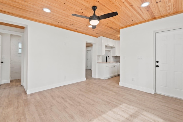 677 NE Alice St, Jensen Beach, FL 34957 - unfurnished living room featuring a sink, ceiling fan, wooden ceiling, light wood-style flooring, and recessed lighting