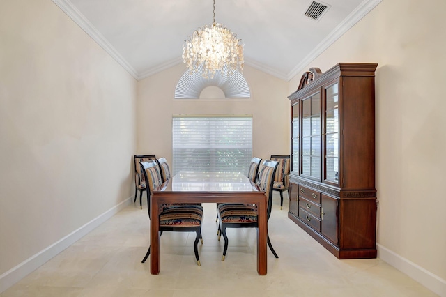 13209 Alhambra Lake Cir, Delray Beach, FL 33446 - dining area with a chandelier, lofted ceiling, crown molding, and baseboards