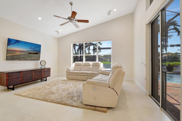 13209 Alhambra Lake Cir, Delray Beach, FL 33446 - living area with lofted ceiling, ceiling fan, baseboards, and recessed lighting
