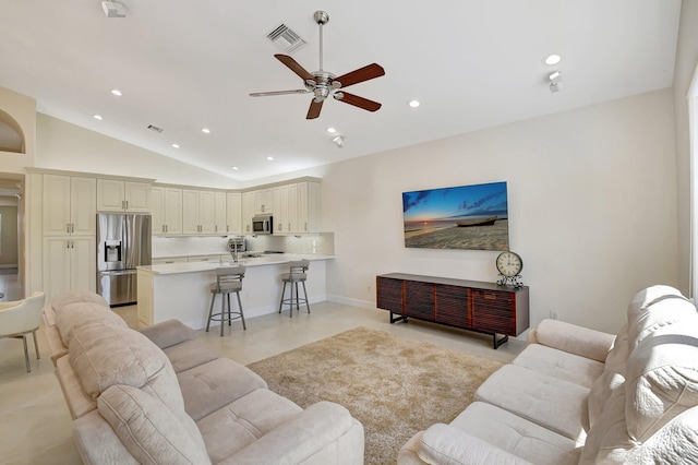 13209 Alhambra Lake Cir, Delray Beach, FL 33446 - living area with lofted ceiling, recessed lighting, ceiling fan, and baseboards