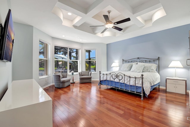 13209 Alhambra Lake Cir, Delray Beach, FL 33446 - bedroom featuring coffered ceiling, recessed lighting, hardwood / wood-style floors, baseboards, and a ceiling fan