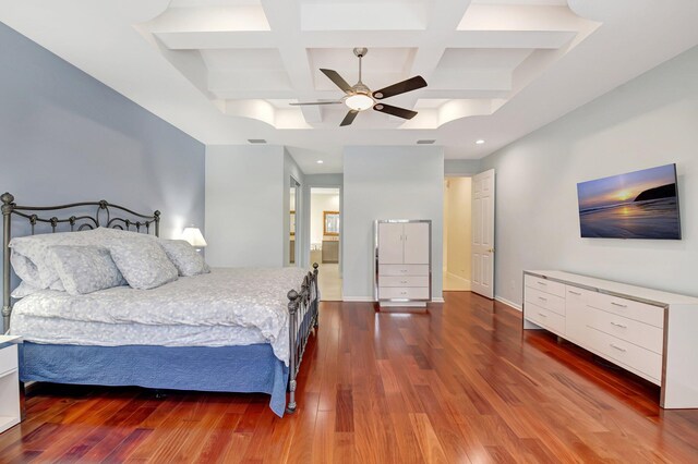 13209 Alhambra Lake Cir, Delray Beach, FL 33446 - bedroom featuring coffered ceiling, wood finished floors, beamed ceiling, recessed lighting, and ceiling fan