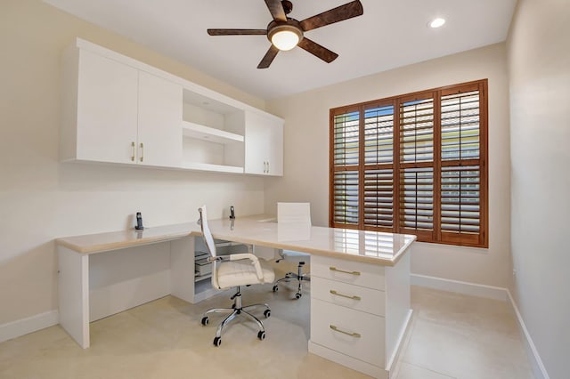 13209 Alhambra Lake Cir, Delray Beach, FL 33446 - office area featuring a ceiling fan, baseboards, built in desk, and recessed lighting