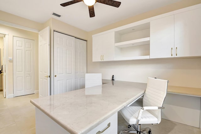 13209 Alhambra Lake Cir, Delray Beach, FL 33446 - office area featuring built in study area and a ceiling fan