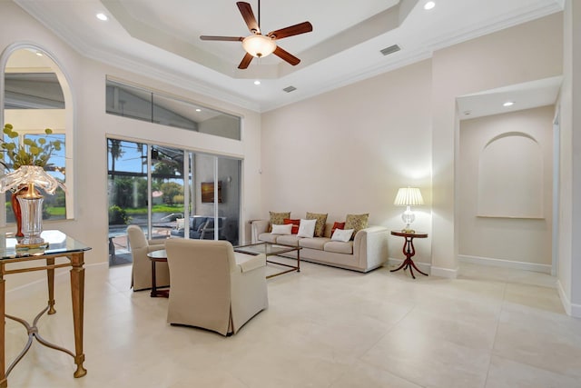 13209 Alhambra Lake Cir, Delray Beach, FL 33446 - living area featuring a ceiling fan, a towering ceiling, crown molding, a raised ceiling, and recessed lighting