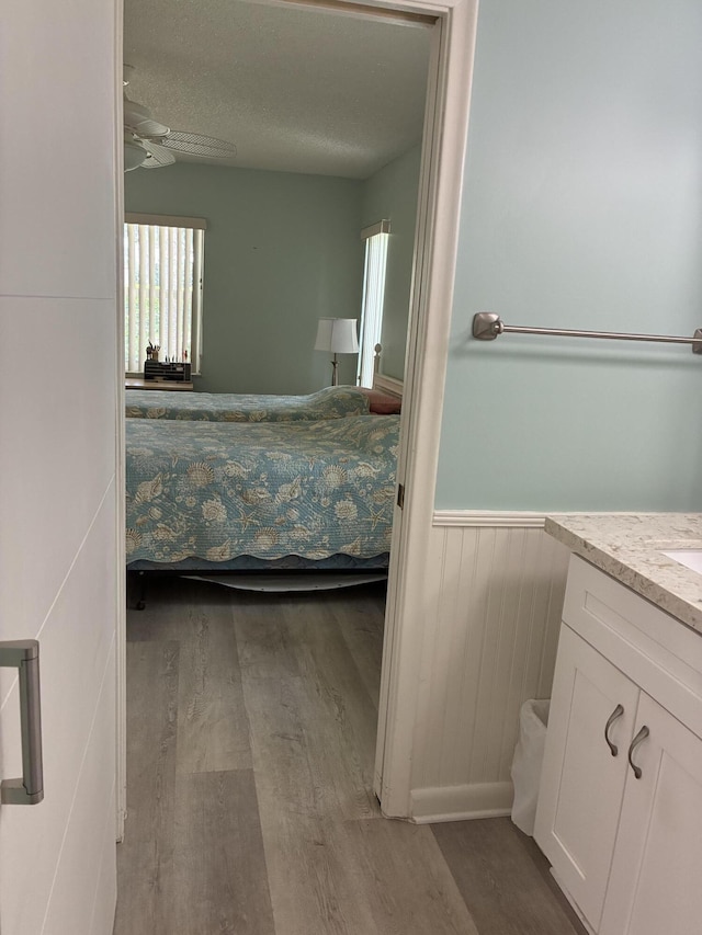 5178 Privet Pl Unit D, Delray Beach, FL 33484 - ensuite bathroom featuring wood finished floors, a wainscoted wall, vanity, a ceiling fan, and a textured ceiling