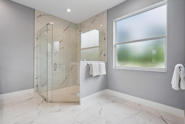 2265 SW Kenwick Ave, Port Saint Lucie, FL 34953 - bathroom with marble tiled floors, a marble finish shower, and recessed lighting