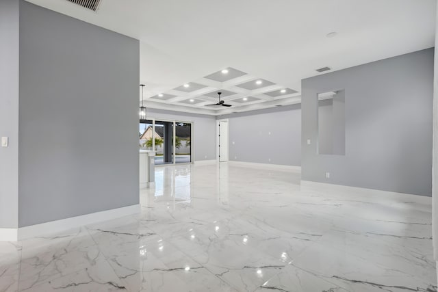 2265 SW Kenwick Ave, Port Saint Lucie, FL 34953 - empty room featuring recessed lighting, coffered ceiling, ceiling fan, beamed ceiling, and light marble finish flooring