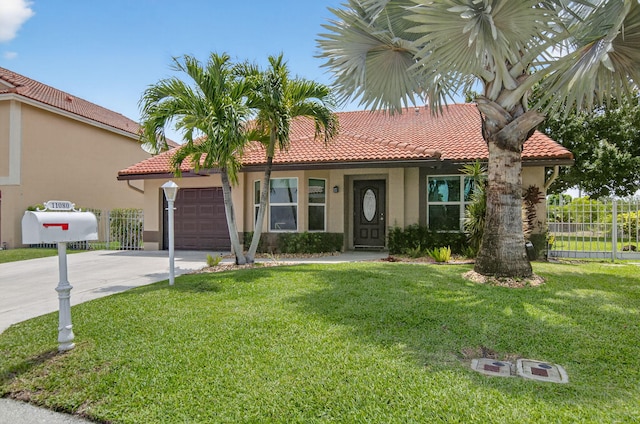 11080 Lakeaire Cir, Boca Raton, FL 33498 - view of front of property with a garage, concrete driveway, a tile roof, and stucco siding