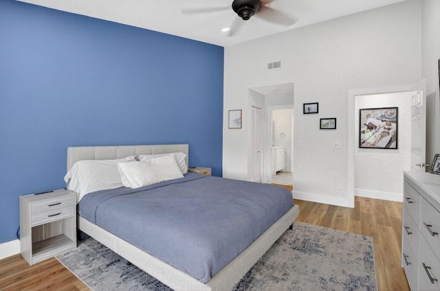 11080 Lakeaire Cir, Boca Raton, FL 33498 - bedroom with baseboards, light wood-style floors, ceiling fan, and recessed lighting