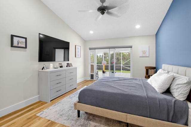11080 Lakeaire Cir, Boca Raton, FL 33498 - bedroom with access to exterior, baseboards, light wood-style flooring, vaulted ceiling, and ceiling fan