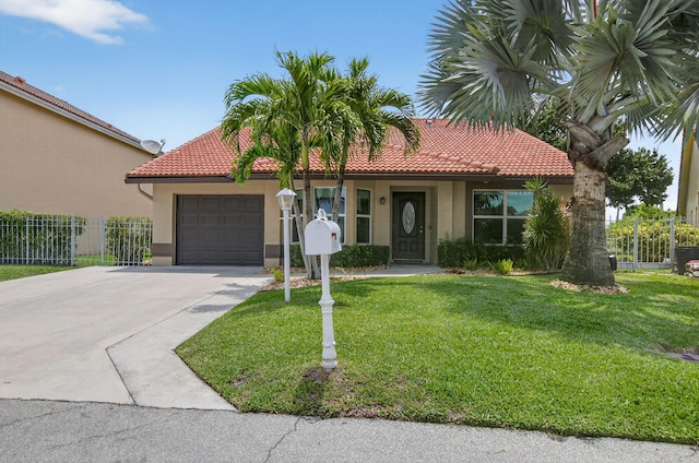 11080 Lakeaire Cir, Boca Raton, FL 33498 - mediterranean / spanish house featuring a garage, stucco siding, a tile roof, and driveway