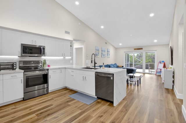 11080 Lakeaire Cir, Boca Raton, FL 33498 - kitchen with appliances with stainless steel finishes, a sink, open floor plan, a peninsula, and high vaulted ceiling