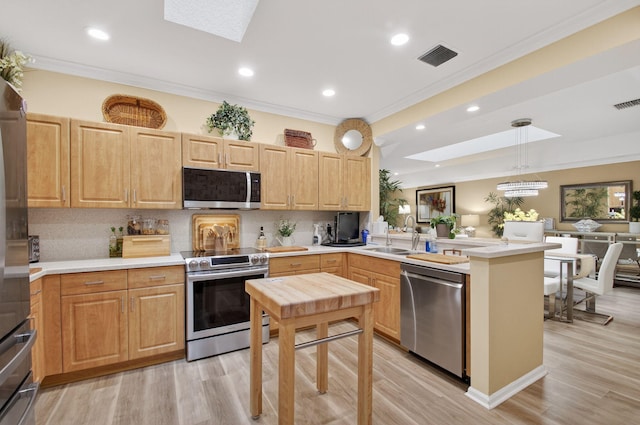 12562 Crystal Pointe Dr Unit B, Boynton Beach, FL 33437 - kitchen with appliances with stainless steel finishes, a skylight, a peninsula, a sink, and ornamental molding