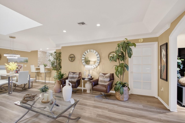 12562 Crystal Pointe Dr Unit B, Boynton Beach, FL 33437 - living room with light wood-style floors, baseboards, a chandelier, recessed lighting, and ornamental molding