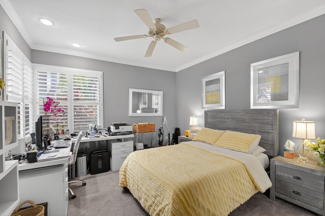 12562 Crystal Pointe Dr Unit B, Boynton Beach, FL 33437 - bedroom featuring carpet floors, a desk, ornamental molding, a ceiling fan, and recessed lighting
