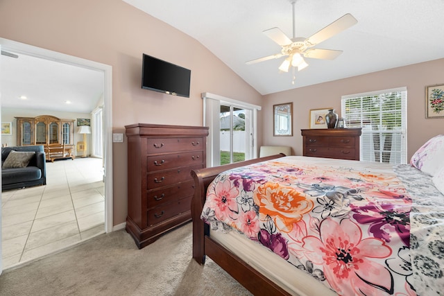 13277 Opal Ln, Wellington, FL 33414 - bedroom featuring multiple windows, access to exterior, vaulted ceiling, light carpet, and ceiling fan
