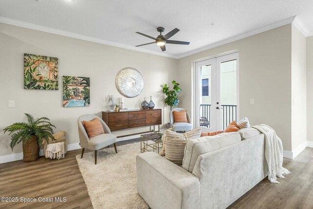 840 Florida Ave Unit 5, Cocoa, FL 32922 - living room with french doors, crown molding, wood finished floors, baseboards, and a ceiling fan